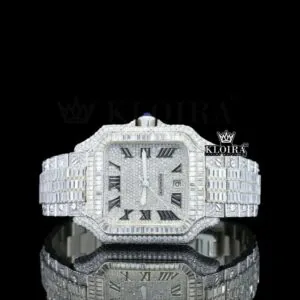 Fully Iced Baguette White Dial Roman Numerals Moissanite Diamond Watch