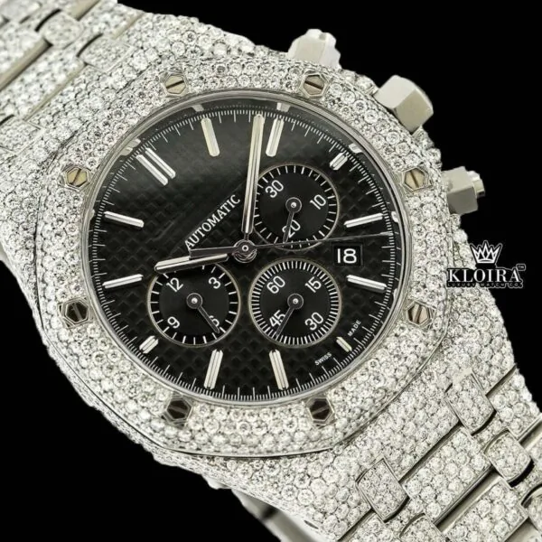 Fully Iced Out Black Dial Chronograph Moissanite Diamond Watch Close Up Dial View