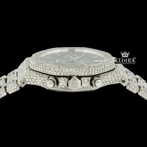 Fully Iced Out Black Dial Chronograph Moissanite Diamond Watch Crown View