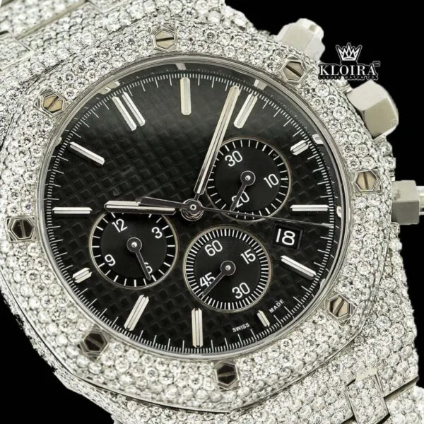 Fully Iced Out Black Dial Chronograph Moissanite Diamond Watch Full Close Up Dial View