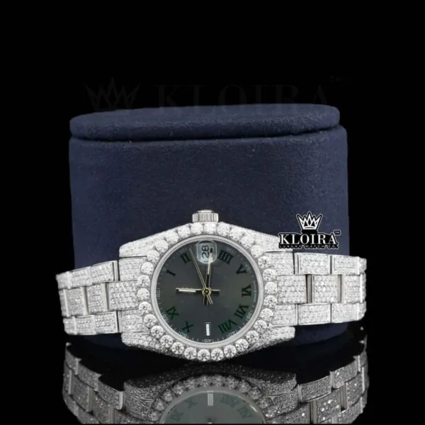 Fully Iced Out Black Dial Roman Numerals Moissanite Watch Close Up Front View