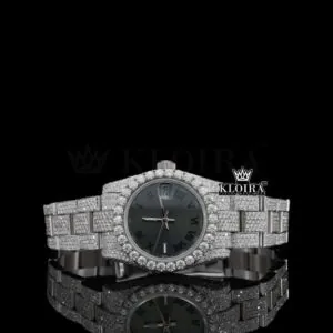 Fully Iced Out Black Dial Roman Numerals Moissanite Watch