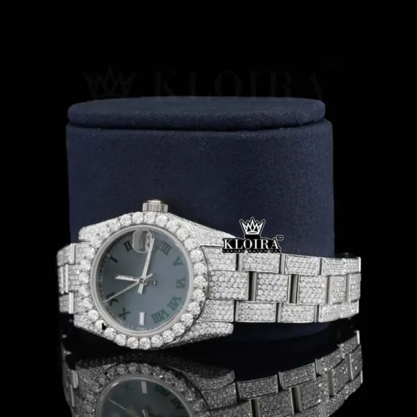 Fully Iced Out Black Dial Roman Numerals Moissanite Watch Left Profile View