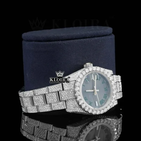 Fully Iced Out Black Dial Roman Numerals Moissanite Watch Right Profile View