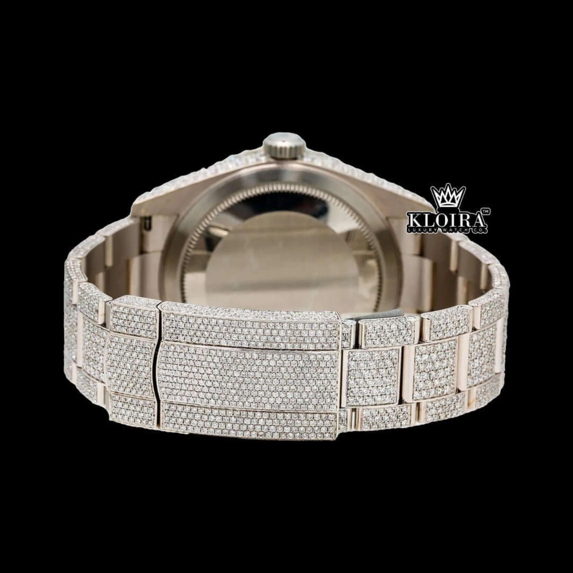 Fully Iced Out Black Dial Stick Markers Moissanite Diamond Watch Caseback View