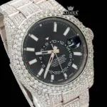 Fully Iced Out Black Dial Stick Markers Moissanite Diamond Watch Close Up Dial View