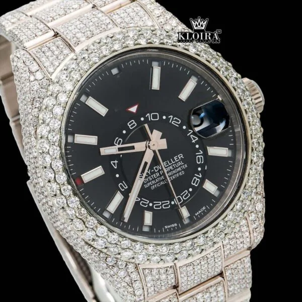 Fully Iced Out Black Dial Stick Markers Moissanite Diamond Watch Close Up Dial View