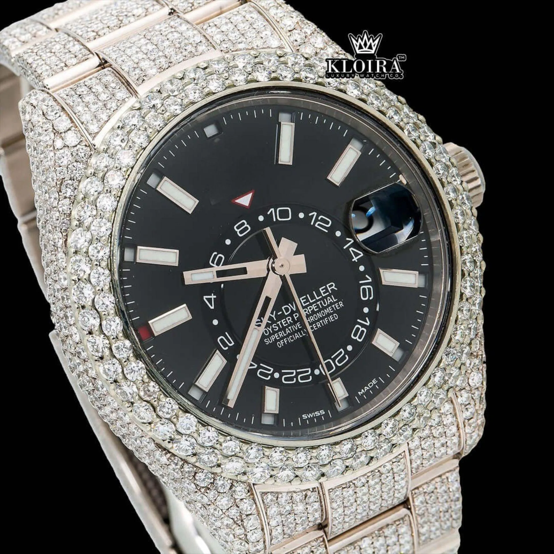 Fully Iced Out Black Dial Stick Markers Moissanite Diamond Watch Close Up Dial View