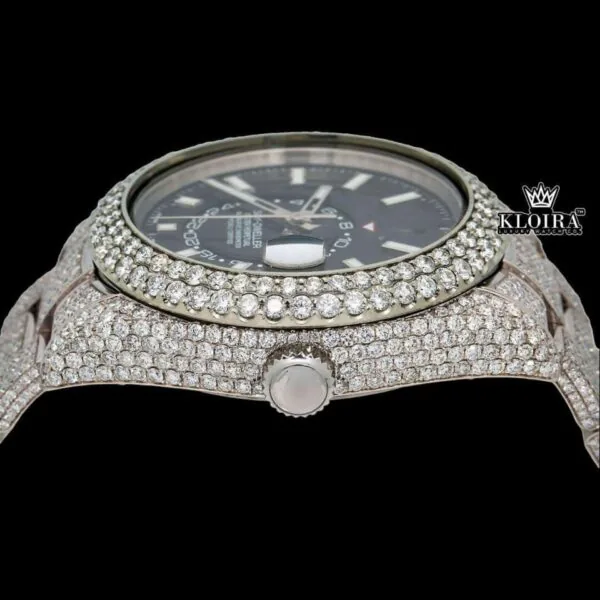 Fully Iced Out Black Dial Stick Markers Moissanite Diamond Watch Crown View