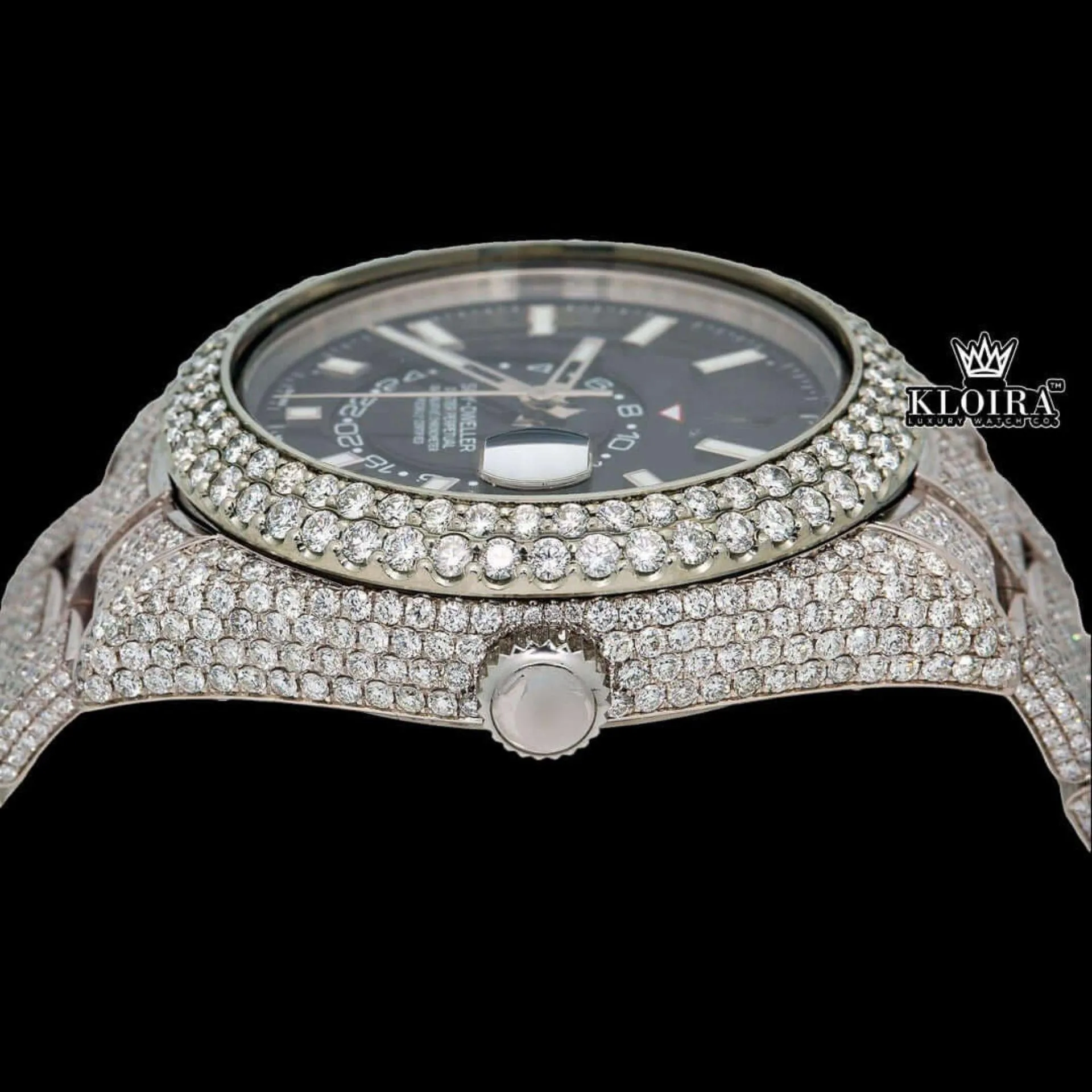 Fully Iced Out Black Dial Stick Markers Moissanite Diamond Watch Crown View