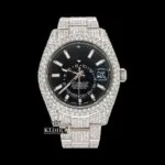 Fully Iced Out Black Dial Stick Markers Moissanite Diamond Watch Front View
