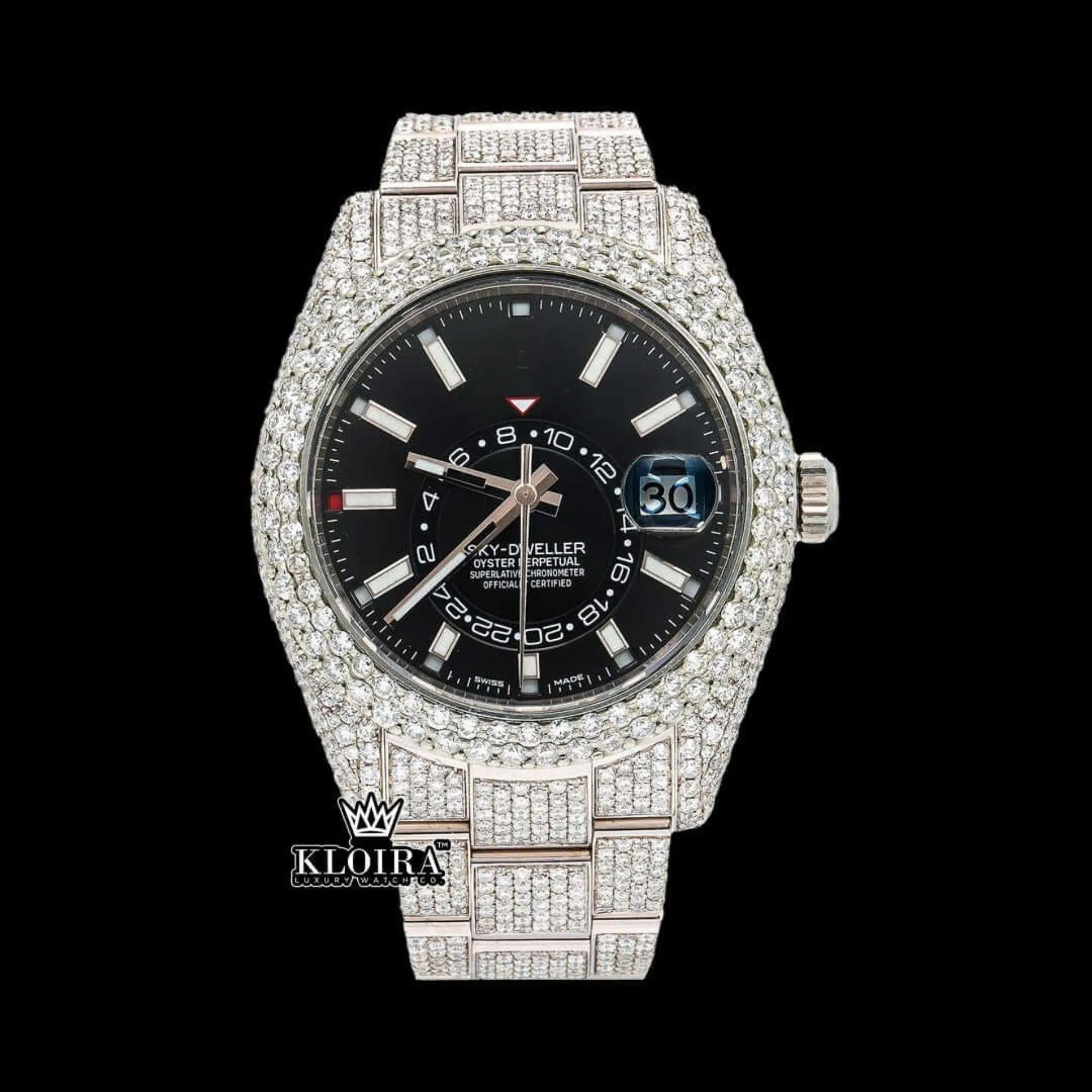 Fully Iced Out Black Dial Stick Markers Moissanite Diamond Watch Front View
