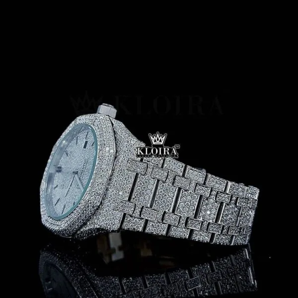 Fully Iced Out Black Stick Markers White Dial Moissanite Watch Left Profile View