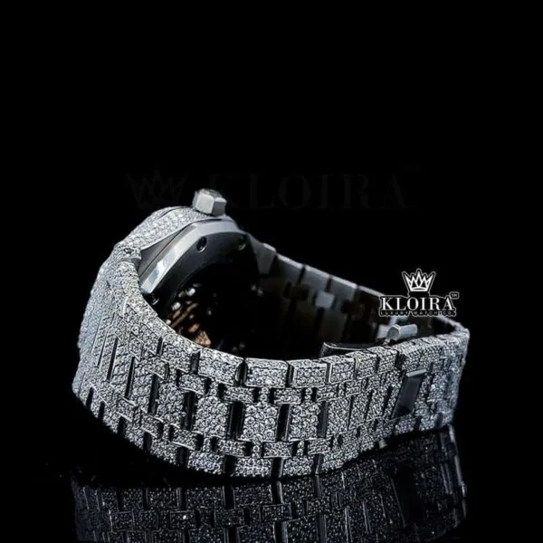 Fully Iced Out Black Stick Markers White Dial Moissanite Watch Left Side Bracelet View