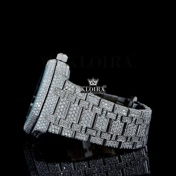 Fully Iced Out Black Stick Markers White Dial Moissanite Watch Left Side View