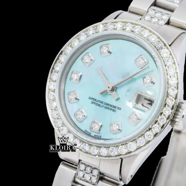 Fully Iced Out Blue Dial Diamond Markers Moissanite Watch Close Up Dial View