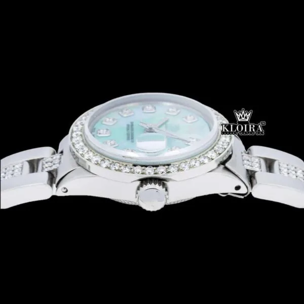 Fully Iced Out Blue Dial Diamond Markers Moissanite Watch Crown View