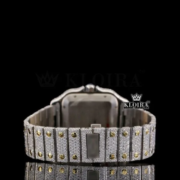 Fully Iced Out Blue Dial Roman Numerals Moissanite Diamond Watch Caseback View