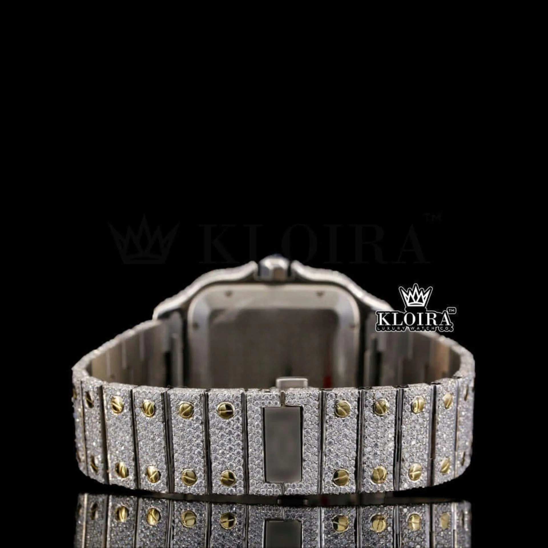 Fully Iced Out Blue Dial Roman Numerals Moissanite Diamond Watch Caseback View