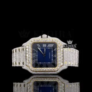 Fully Iced Out Blue Dial Roman Numerals Moissanite Diamond Watch
