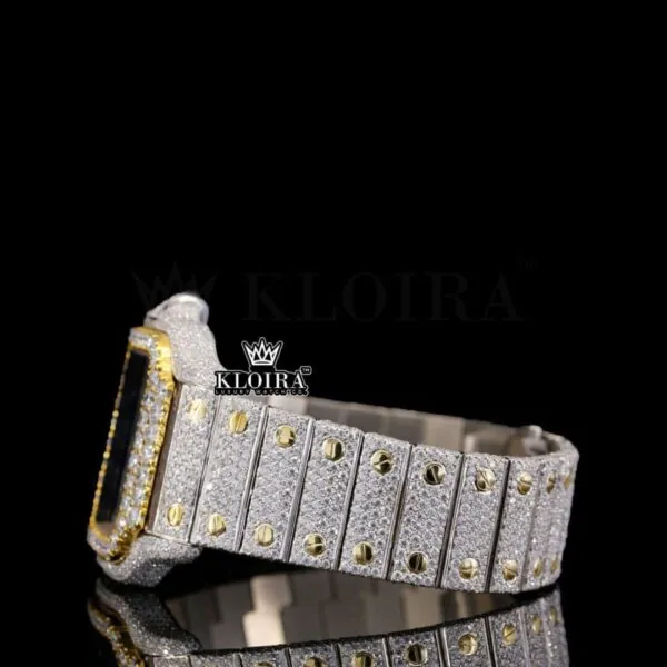 Fully Iced Out Blue Dial Roman Numerals Moissanite Diamond Watch Left Profile View