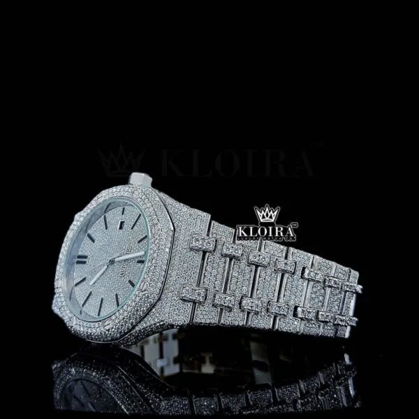 Fully Iced Out Date Display Dial Moissanite Diamond Left Profile View