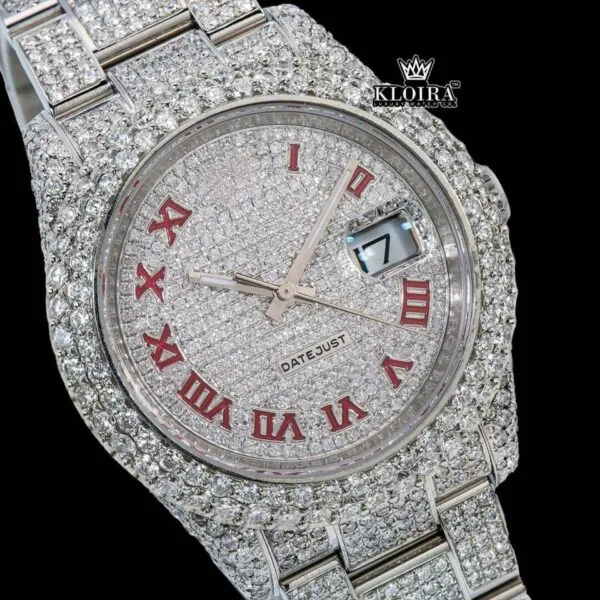 Fully Iced Out Date Display Red Roman Numeral Moissanite Diamond Watch Close Up Dial View