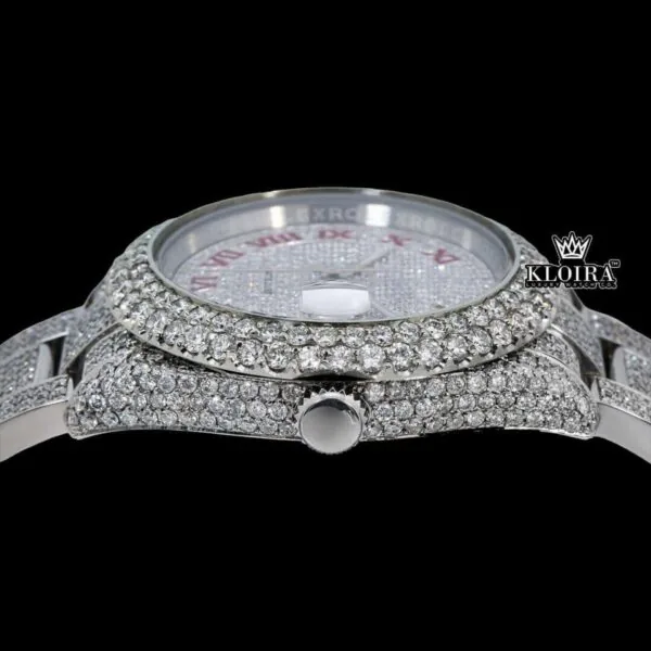 Fully Iced Out Date Display Red Roman Numeral Moissanite Diamond Watch Crown View