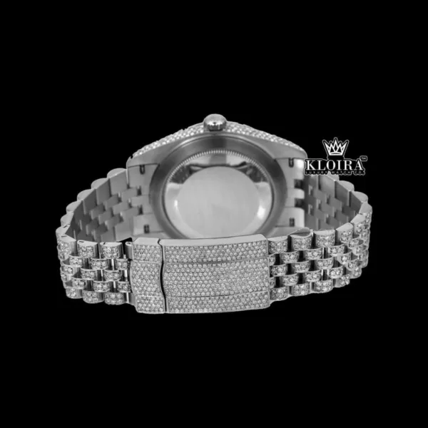 Fully Iced Out Dial Black Roman Numerals Plane Bezel Moissanite Diamond Watch Caseback View