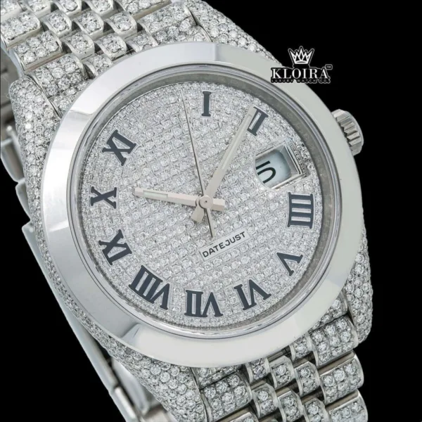 Fully Iced Out Dial Black Roman Numerals Plane Bezel Moissanite Diamond Watch Close Up Dial View