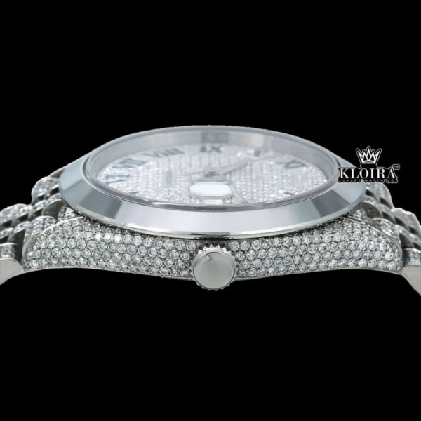 Fully Iced Out Dial Black Roman Numerals Plane Bezel Moissanite Diamond Watch Crown View
