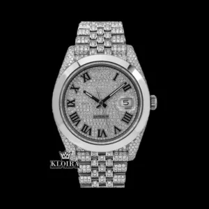 Fully Iced Out Dial Black Roman Numerals Plane Bezel Moissanite Diamond Watch