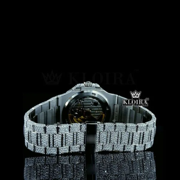 Fully Iced Out Diamond Marker White Dial Moissanite Diamond Watch Caseback View