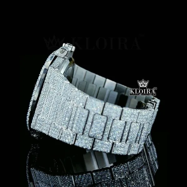 Fully Iced Out Diamond Marker White Dial Moissanite Diamond Watch Left Side Bracelet View