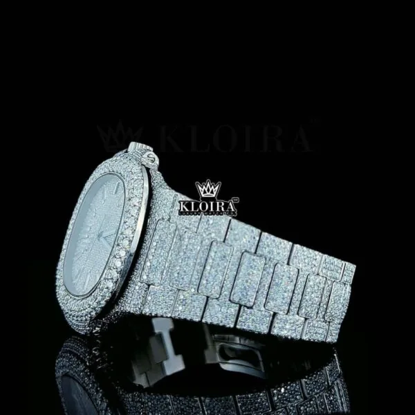 Fully Iced Out Diamond Marker White Dial Moissanite Diamond Watch Left Side View