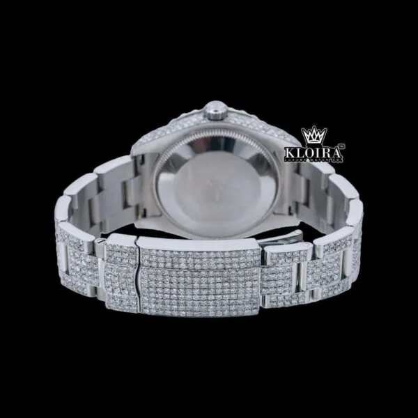 Fully Iced Out Diamond markers Blue Dial Moissanite Watch Caseback View