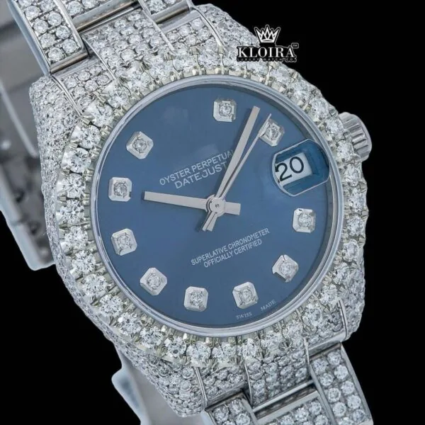 Fully Iced Out Diamond markers Blue Dial Moissanite Watch Close Up Dial View