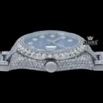 Fully Iced Out Diamond markers Blue Dial Moissanite Watch Crown View