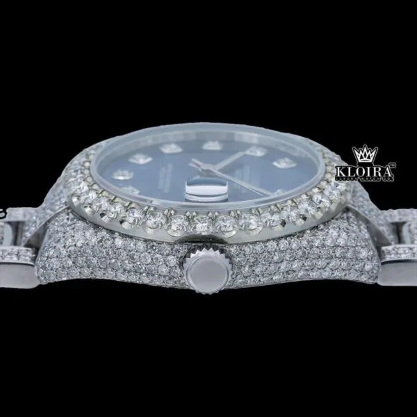 Fully Iced Out Diamond markers Blue Dial Moissanite Watch Crown View