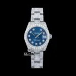 Fully Iced Out Diamond markers Blue Dial Moissanite Watch