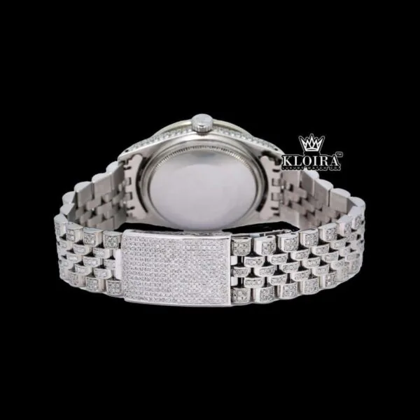 Fully Iced Out Diamond Markers Green Dial Moissanite Diamond Watch Caseback View