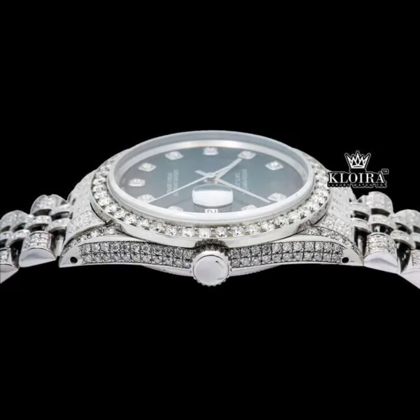 Fully Iced Out Diamond Markers Green Dial Moissanite Diamond Watch Crown View