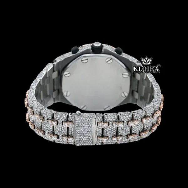 Fully Iced Out Dual Tone Moissanite Chronograph Diamond Watch Caseback View