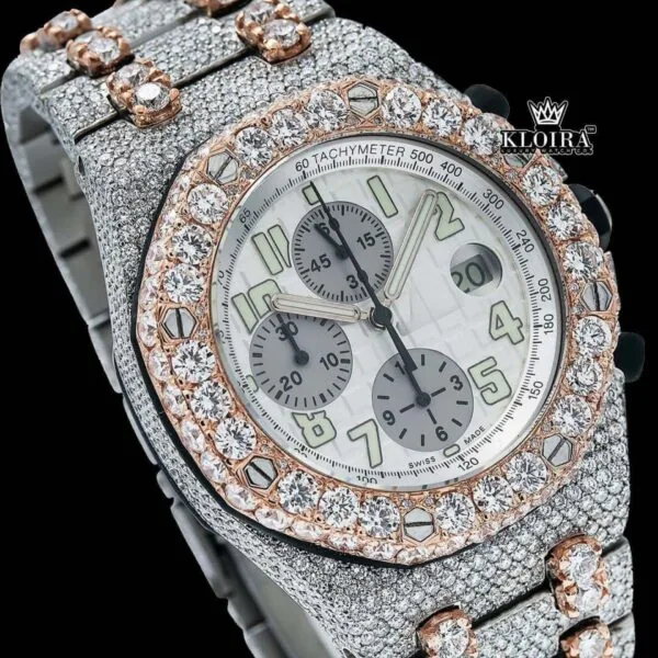 Fully Iced Out Dual Tone Moissanite Chronograph Diamond Watch Close Up Dial View