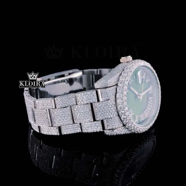Fully Iced Out Green Dial Roman Numerals Moissanite Diamond Watch Right Side View