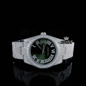 Fully Iced Out Green Dial Roman Numerals Moissanite Watch