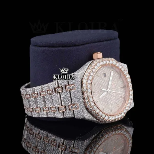 Fully Iced Out Moissanite Diamond Watch Two Tone Rose Gold Right Profile View