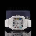 Fully Iced Out Rainbow Roman Numerals Dial Natural Diamond Watch Close Up Front View