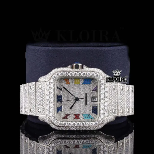 Fully Iced Out Rainbow Roman Numerals Dial Natural Diamond Watch Close Up Front View