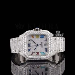 Fully Iced Out Rainbow Roman Numerals Dial Natural Diamond Watch